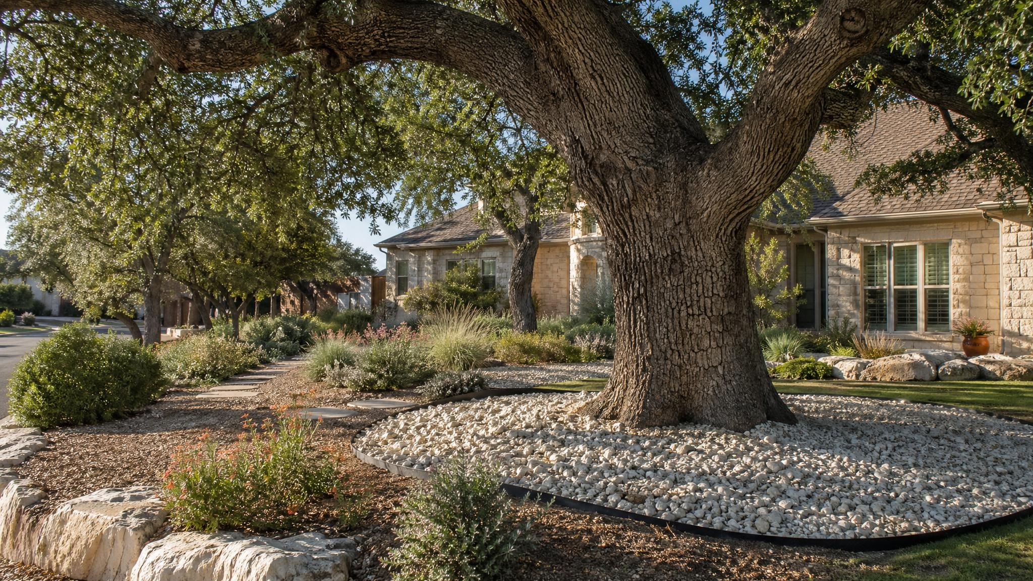 Live oak tree with decorative rock landscaping around the root zone in a Central Texas yard